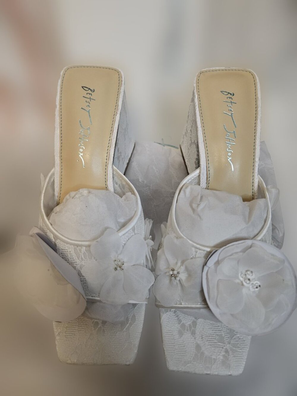 Betsey Johnson Heath Ivory Lace Floral Mule Heels Size 9.5 NIB